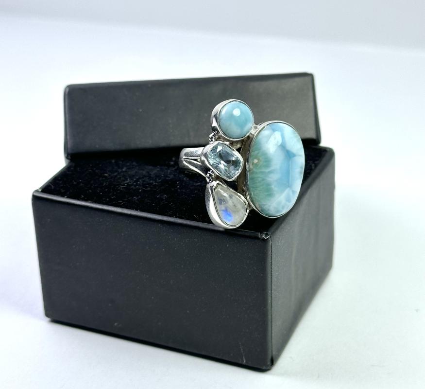 Larimar, Topaz ve Aytaşından Gümüş Yüzük