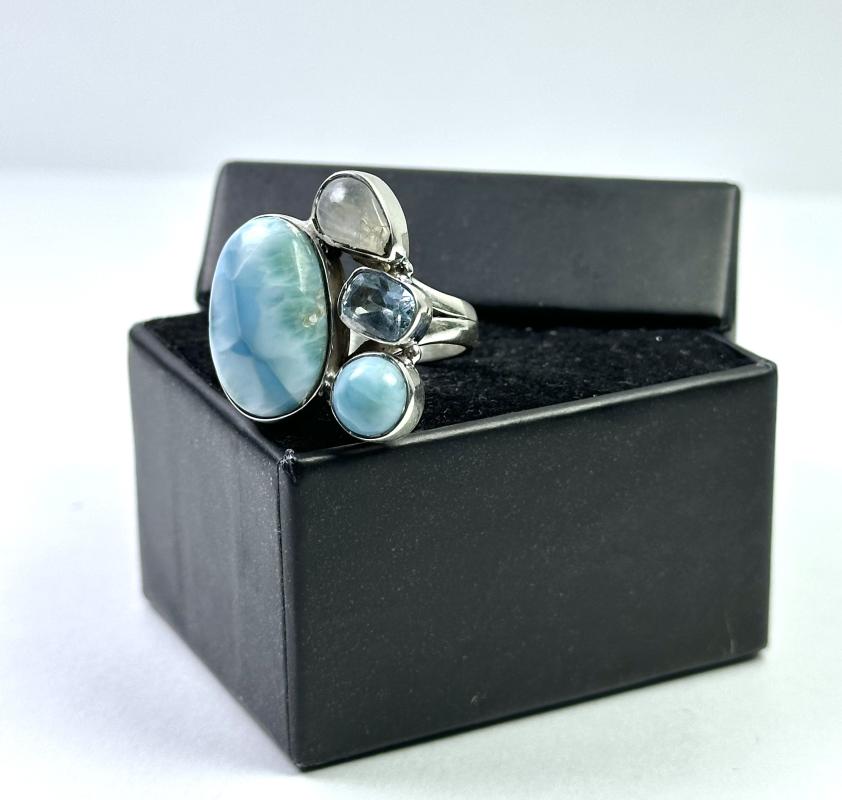 Larimar, Topaz ve Aytaşından Gümüş Yüzük