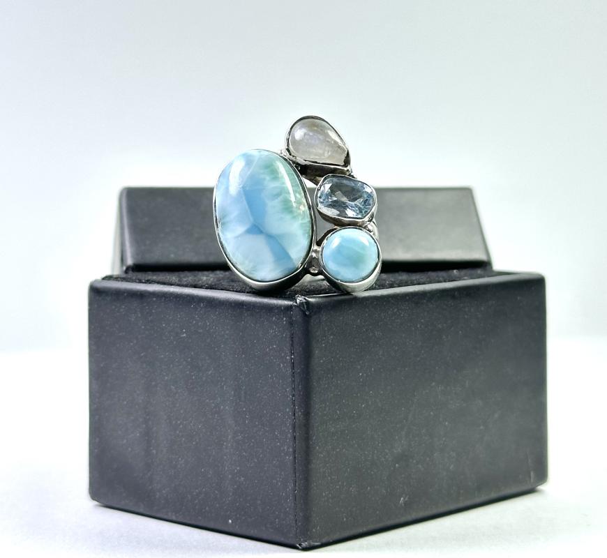 Larimar, Topaz ve Aytaşından Gümüş Yüzük