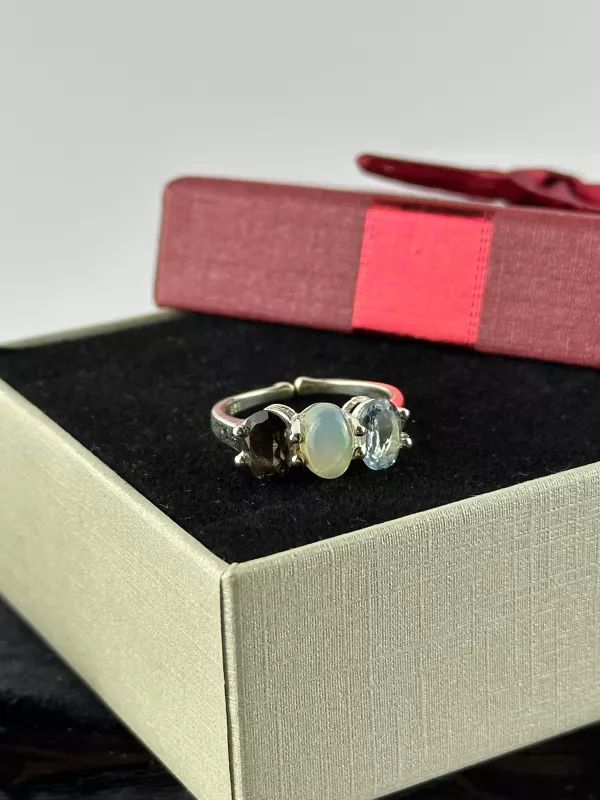 Dumanlı Kuvars, Topaz ve Opal Gümüş Yüzük