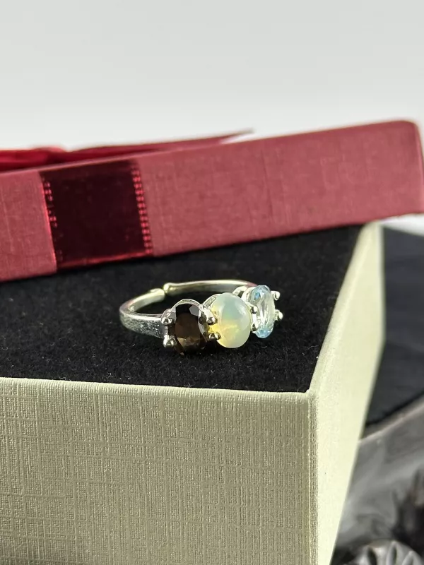 Dumanlı Kuvars, Topaz ve Opal Gümüş Yüzük