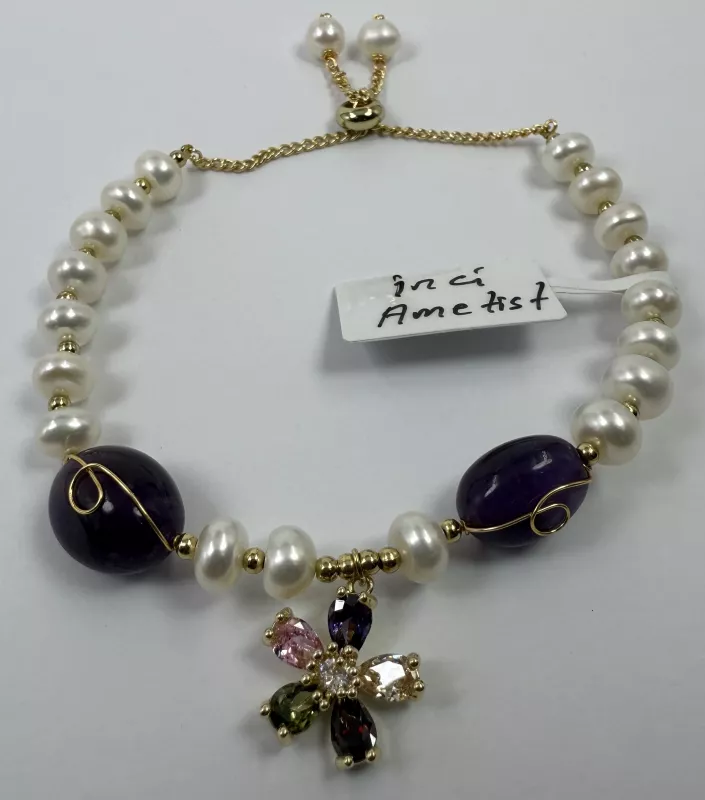İnci ve Ametist Taşlı Bileklik