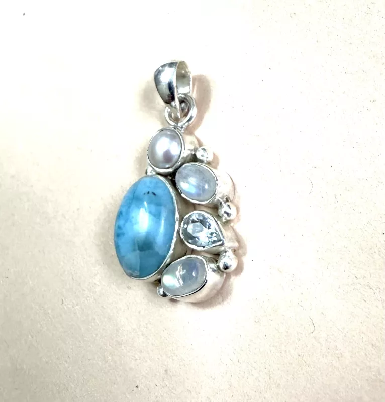 Larimar-Aytaşı-Topaz-İnci taşlarından gümüş kolye ucu