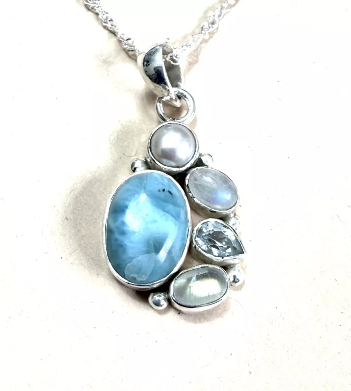 Larimar-Aytaşı-Topaz-İnci taşlarından gümüş kolye ucu