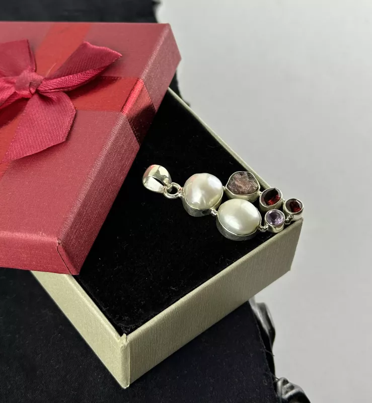 Garnet, Ametist ve İnci Gümüş Kolye Ucu