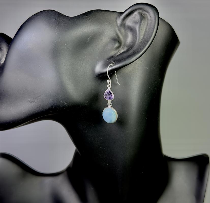 Larimar ve Ametist Taşlarından Gümüş Küpe