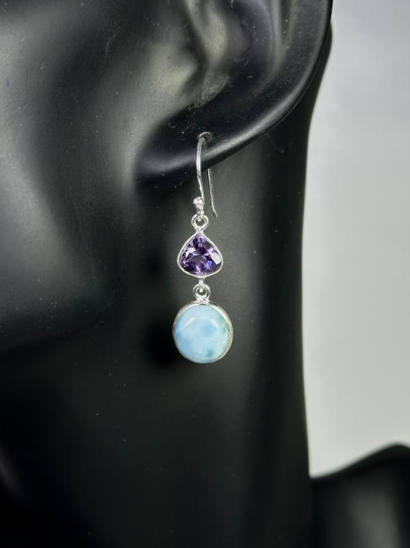 Larimar ve Ametist Taşlarından Gümüş Küpe