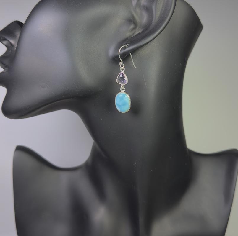 Larimar ve Ametist Taşlı Gümüş Küpe