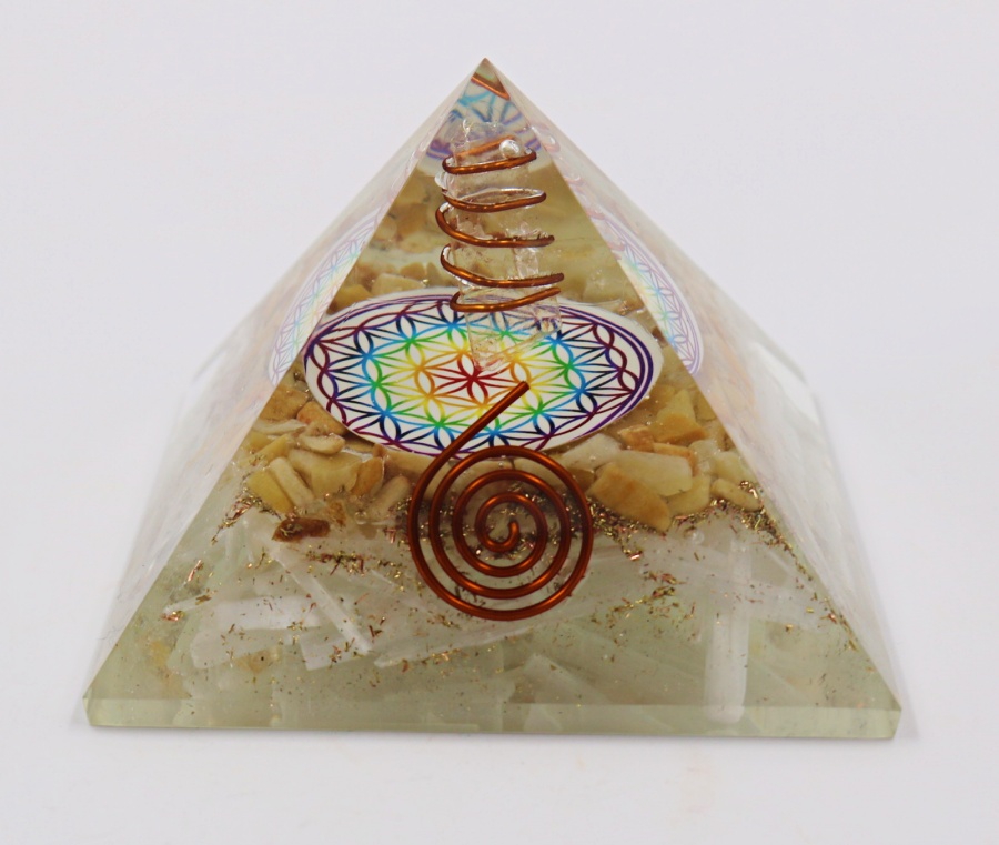 Selenit ve Sarı Aventurinden Orgonit Piramit